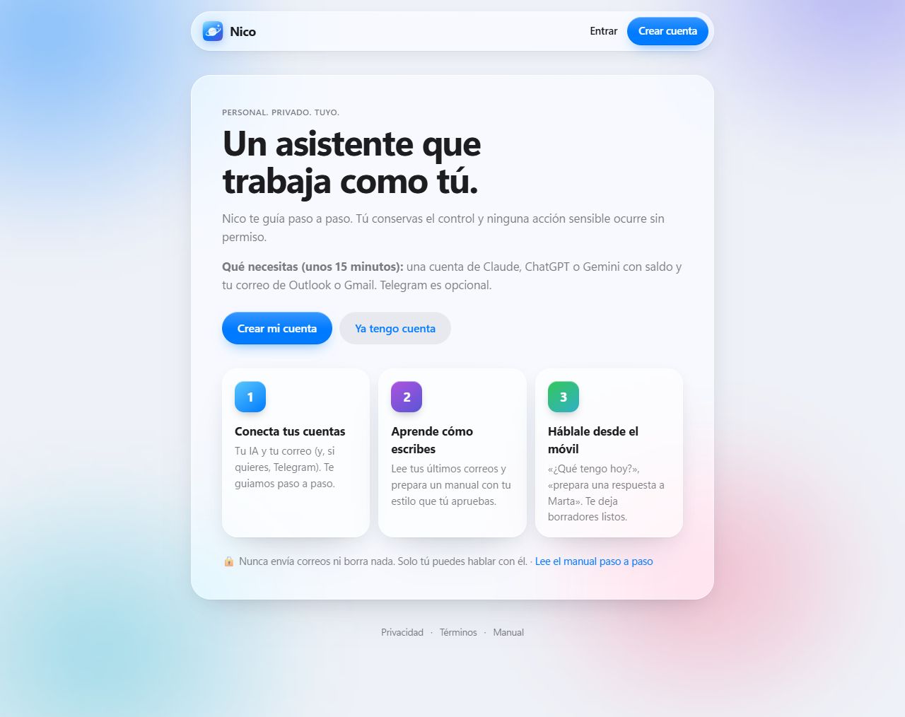 Portada de Nico Assistant con el botón Crear mi cuenta