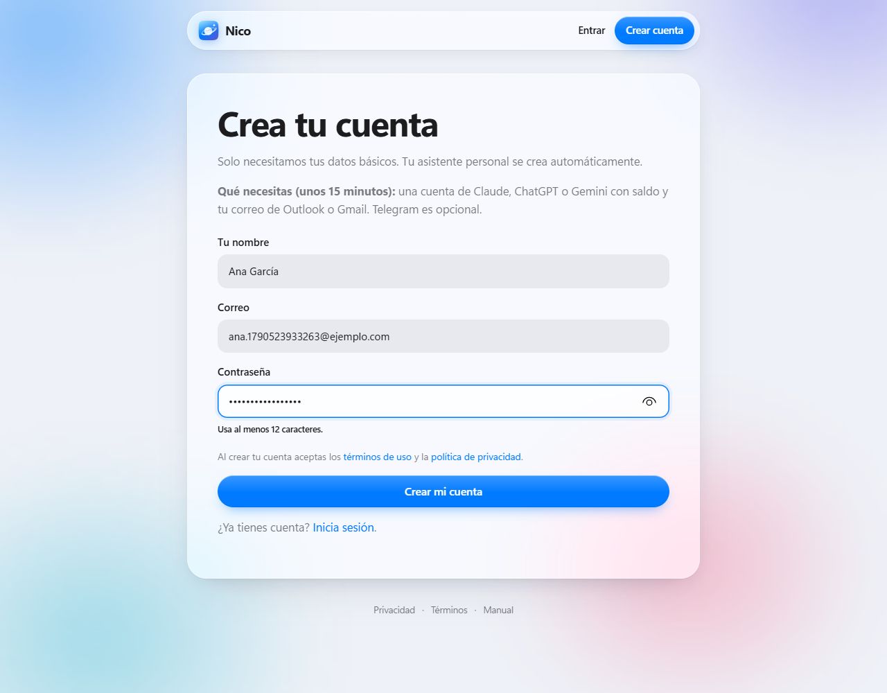 Formulario de registro con nombre, correo y contraseña