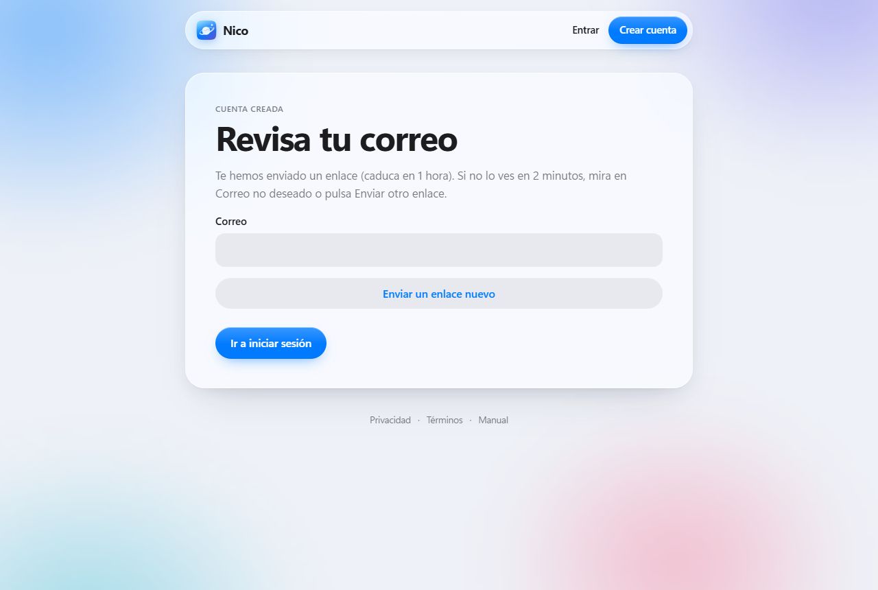Pantalla Revisa tu correo con la opción de enviar un enlace nuevo
