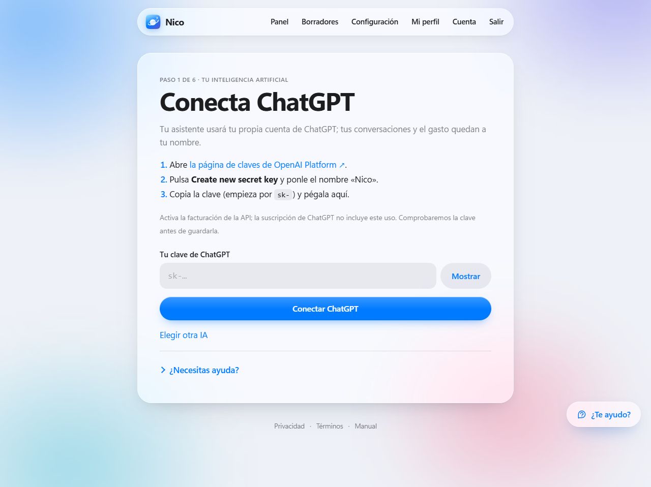 Conecta ChatGPT: pasos y campo para la clave