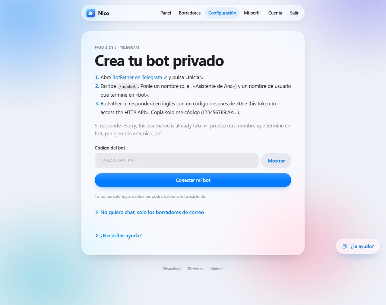 Pantalla Crea tu bot privado con instrucciones de BotFather