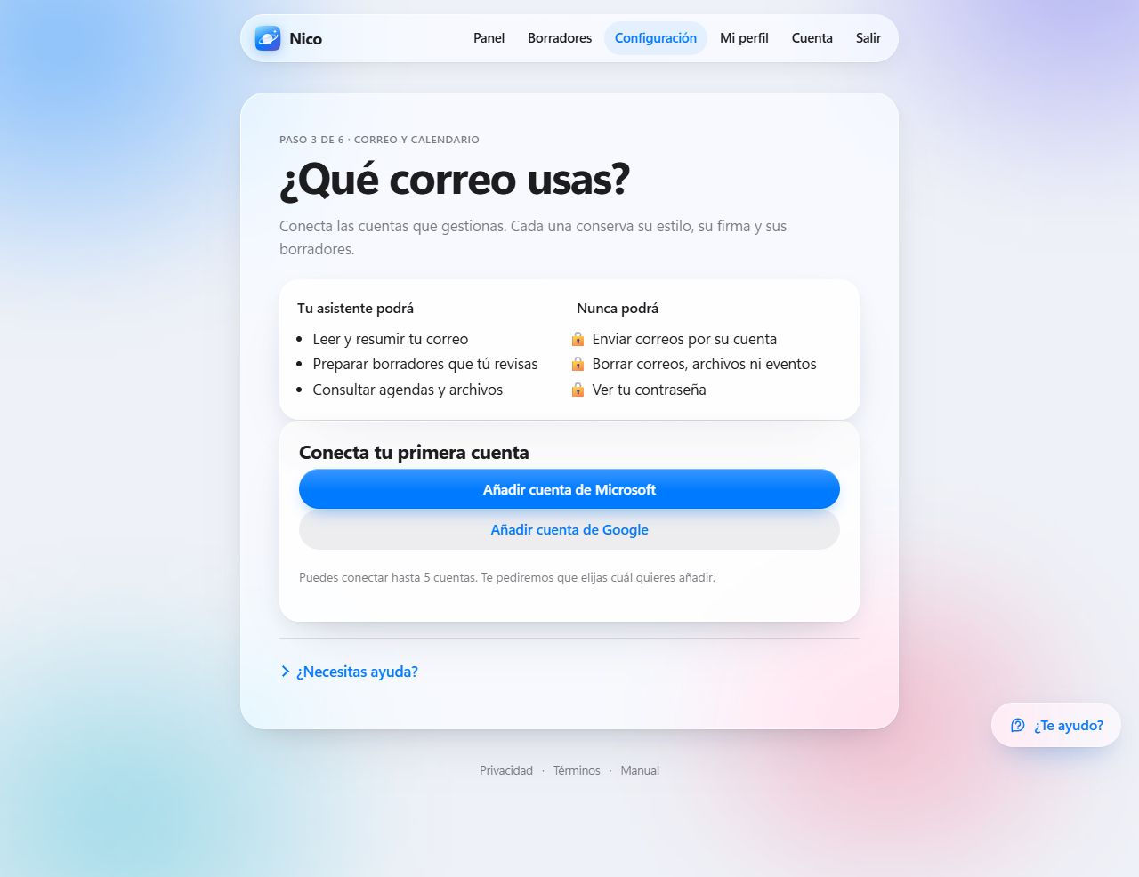 Pantalla Tus cuentas de correo con la cuenta conectada y los botones para añadir otra