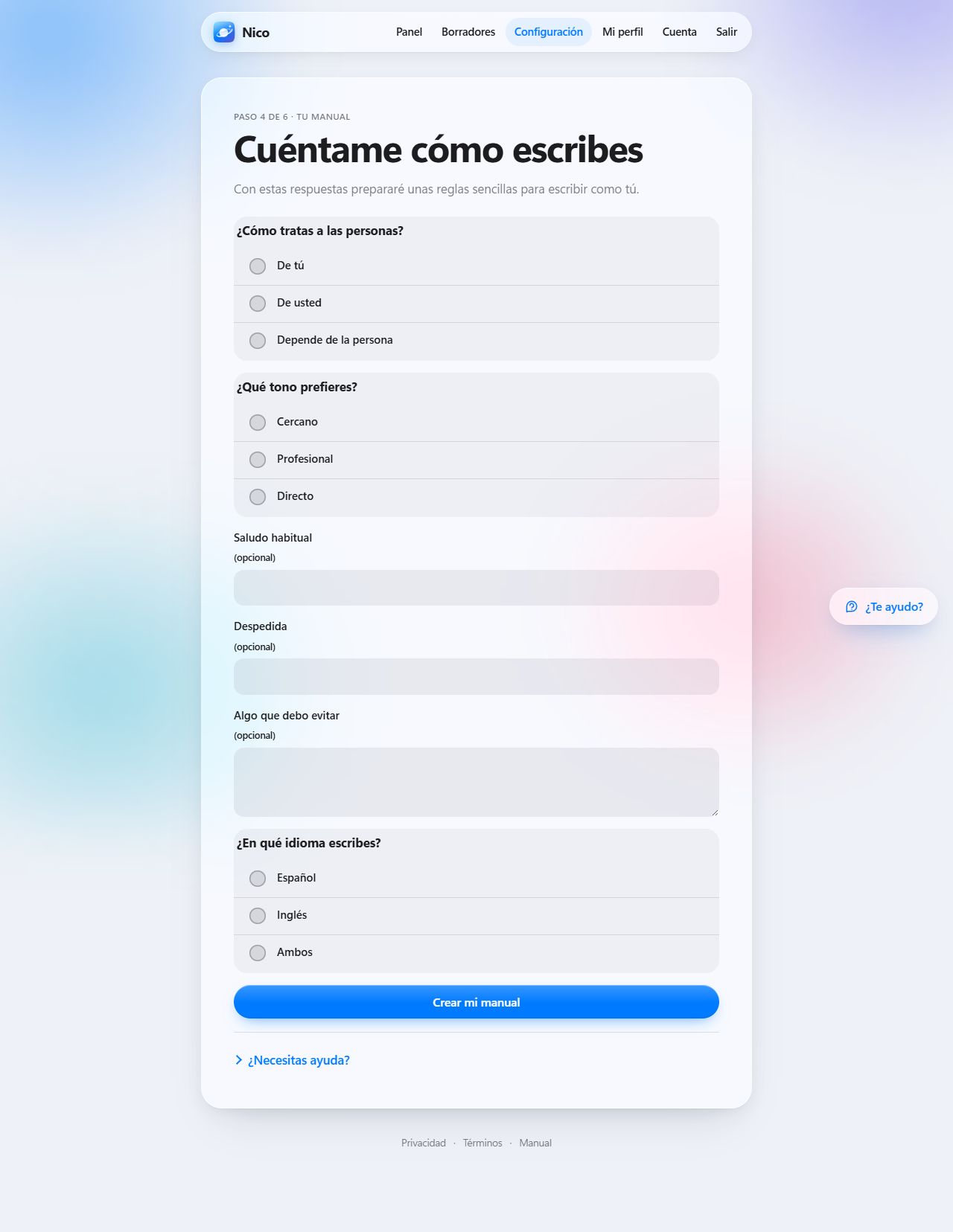 Formulario Cuéntame cómo escribes