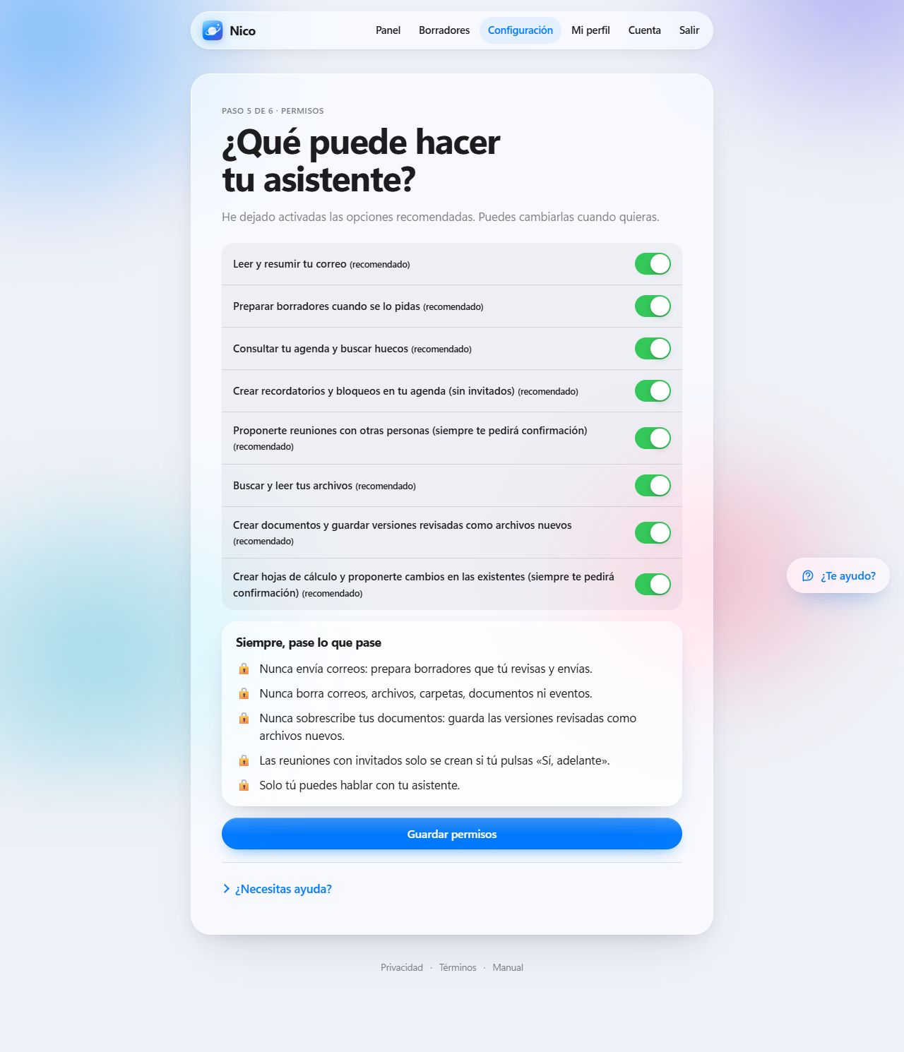 Lista de permisos con casillas y el recuadro Siempre, pase lo que pase