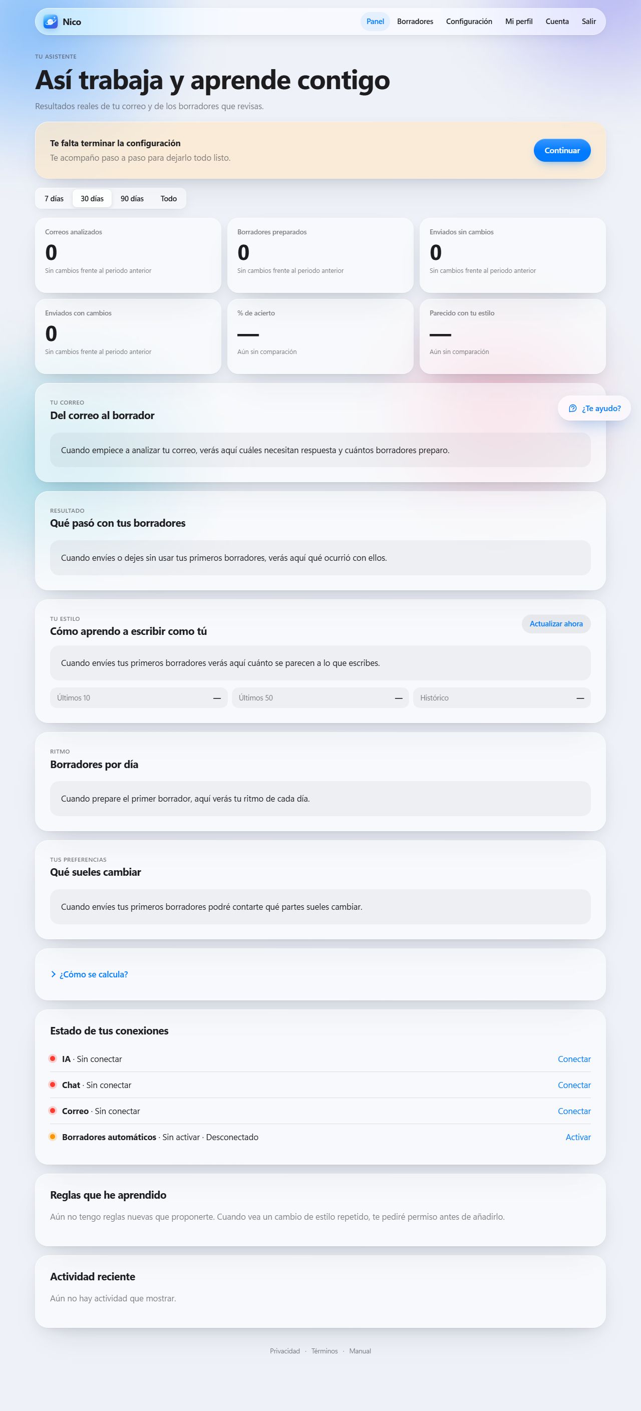 Panel antes de terminar la configuración, con el aviso Te falta terminar la configuración