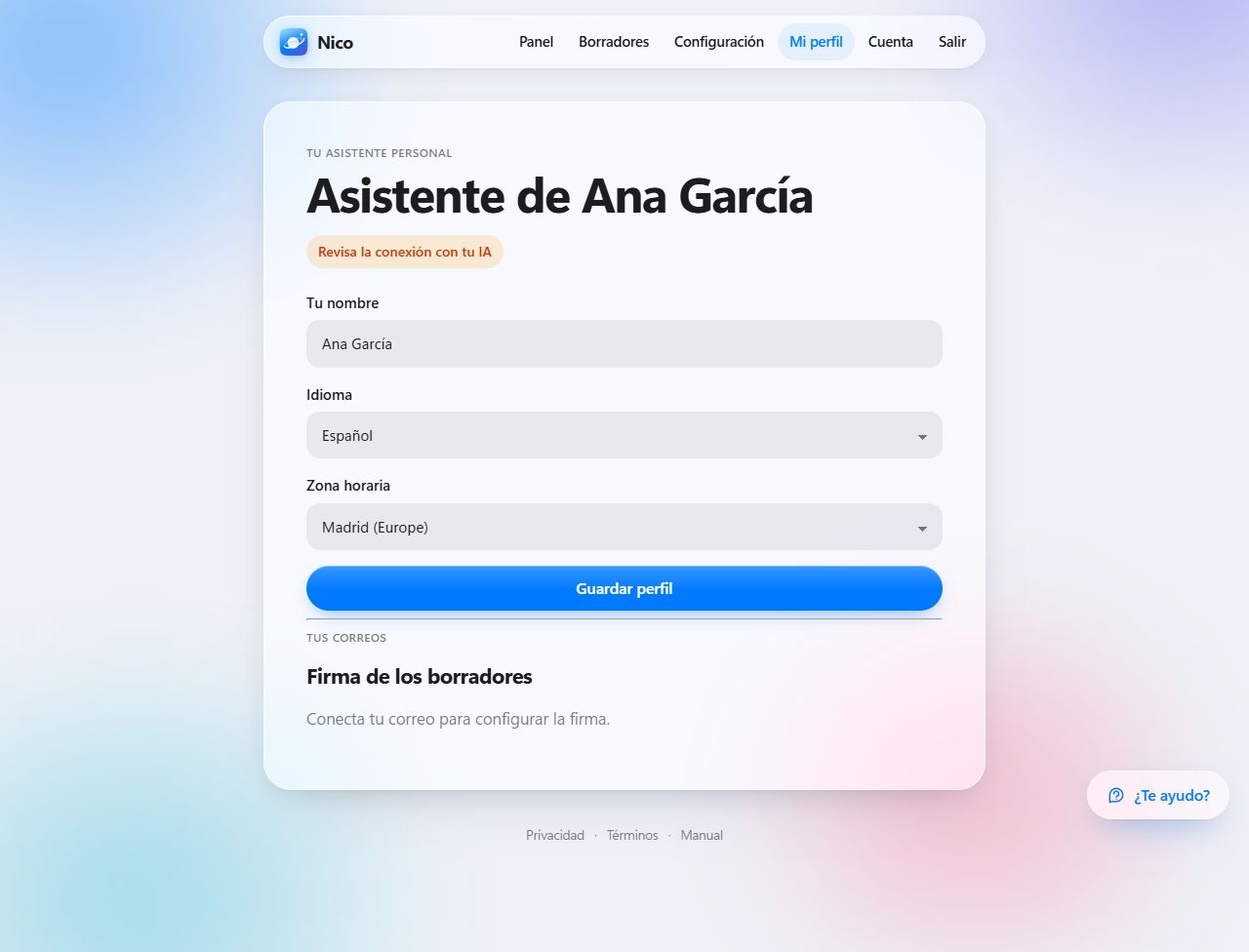 Perfil con nombre, idioma y zona horaria