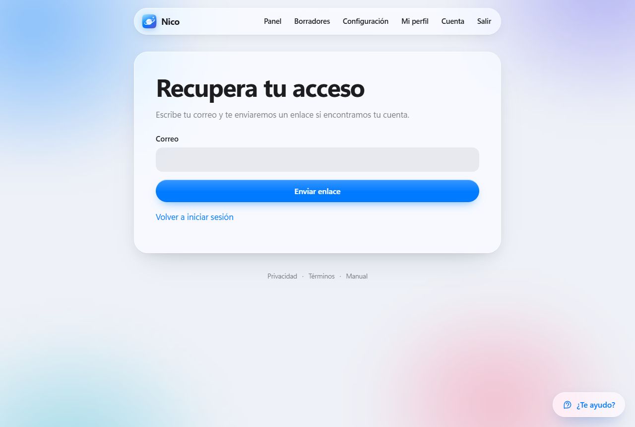 Pantalla para recuperar la contraseña