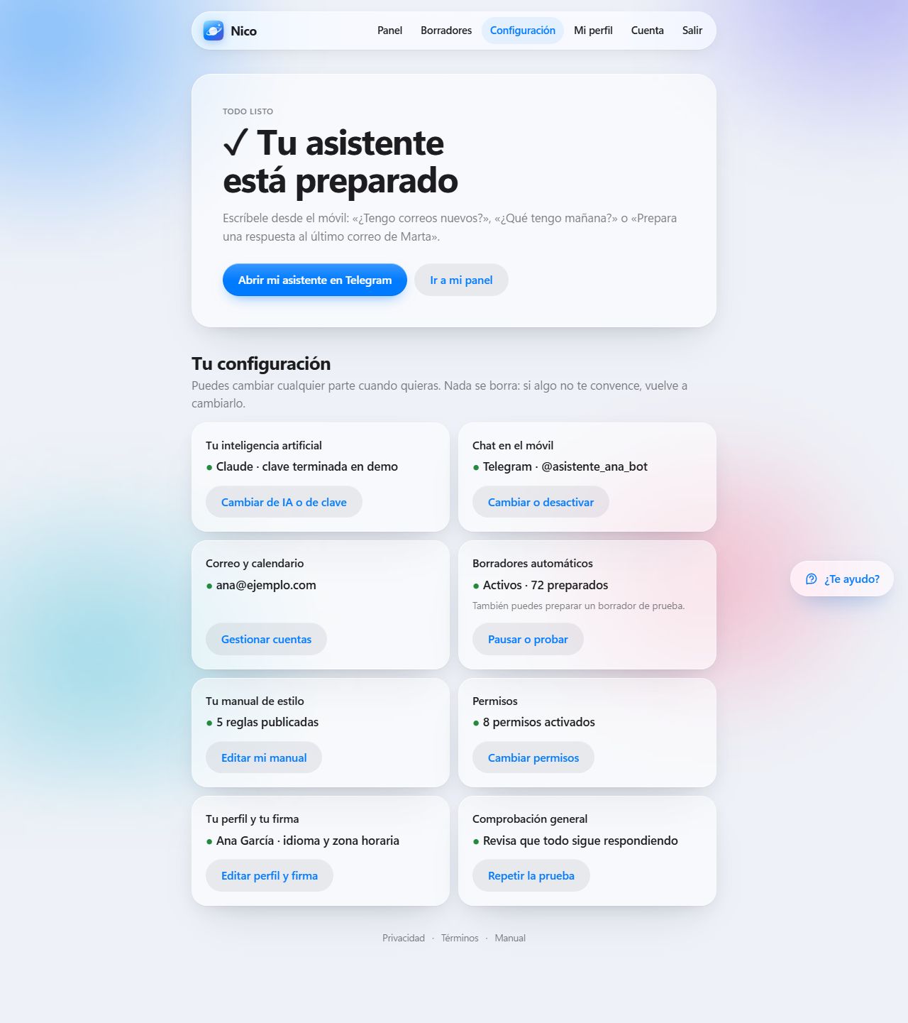Tu asistente está preparado y el centro de ajustes con el estado de cada parte