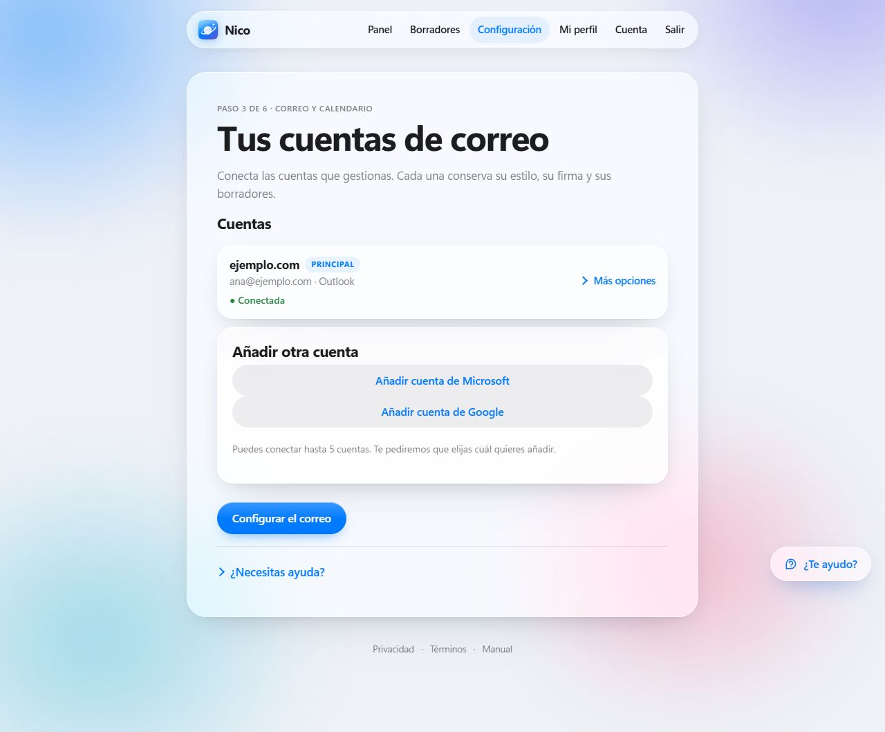 Tu correo conectado con la cuenta de Microsoft marcada como conectada